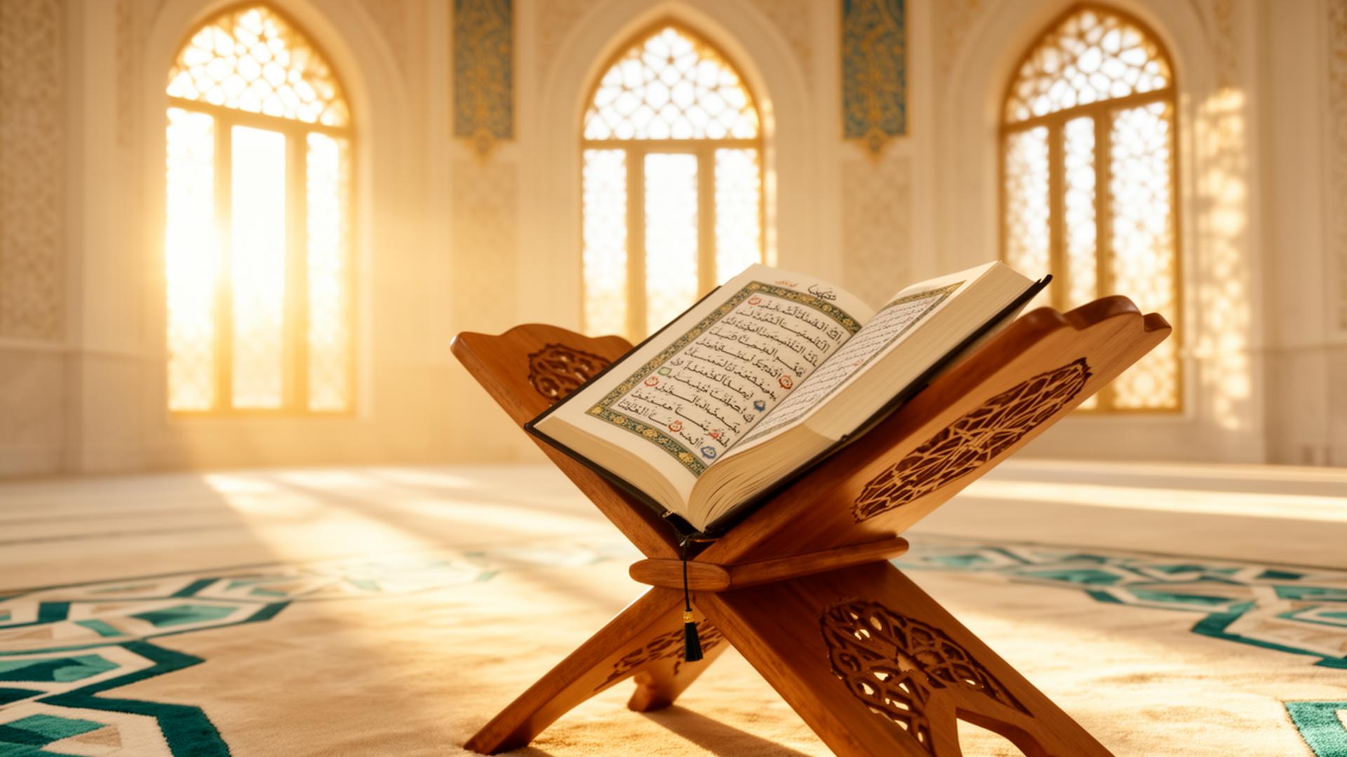 Al-Quran terbuka di atas rehal kayu dalam suasana masjid